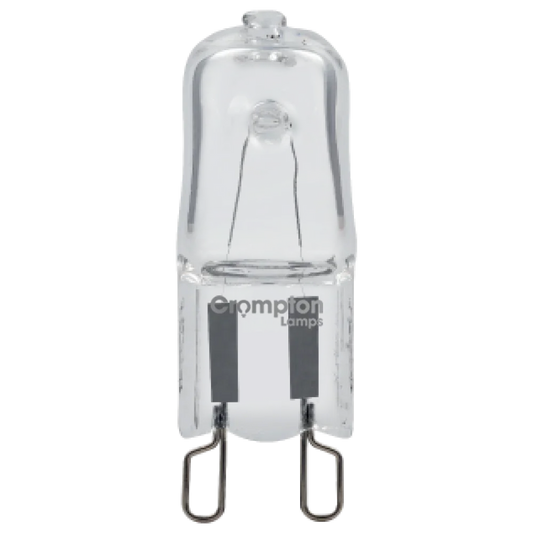Clear G9 oven bulb, 18w halogen lamp with metal pins, suitable for appliance lighting.