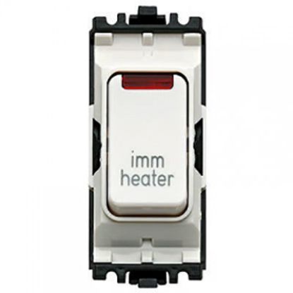 Double pole 20A grid switch with neon indicator, marked 'imm heater', white and black design