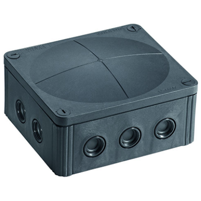 Black plastic electrical junction box with multiple cable entry points, ideal for wiring projects