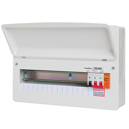 14-way consumer unit with open lid, circuit breakers, electrical distribution box