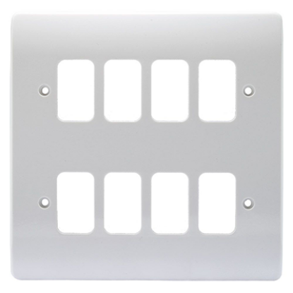 White 8-gang front plate for electrical switches or sockets, wall mounting accessory