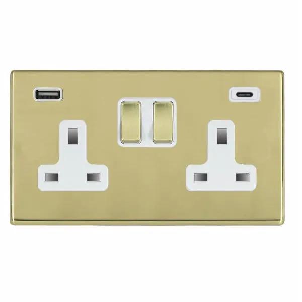 Hamilton Hart Polished Brass 2 Gang Socket with USB and USB C White