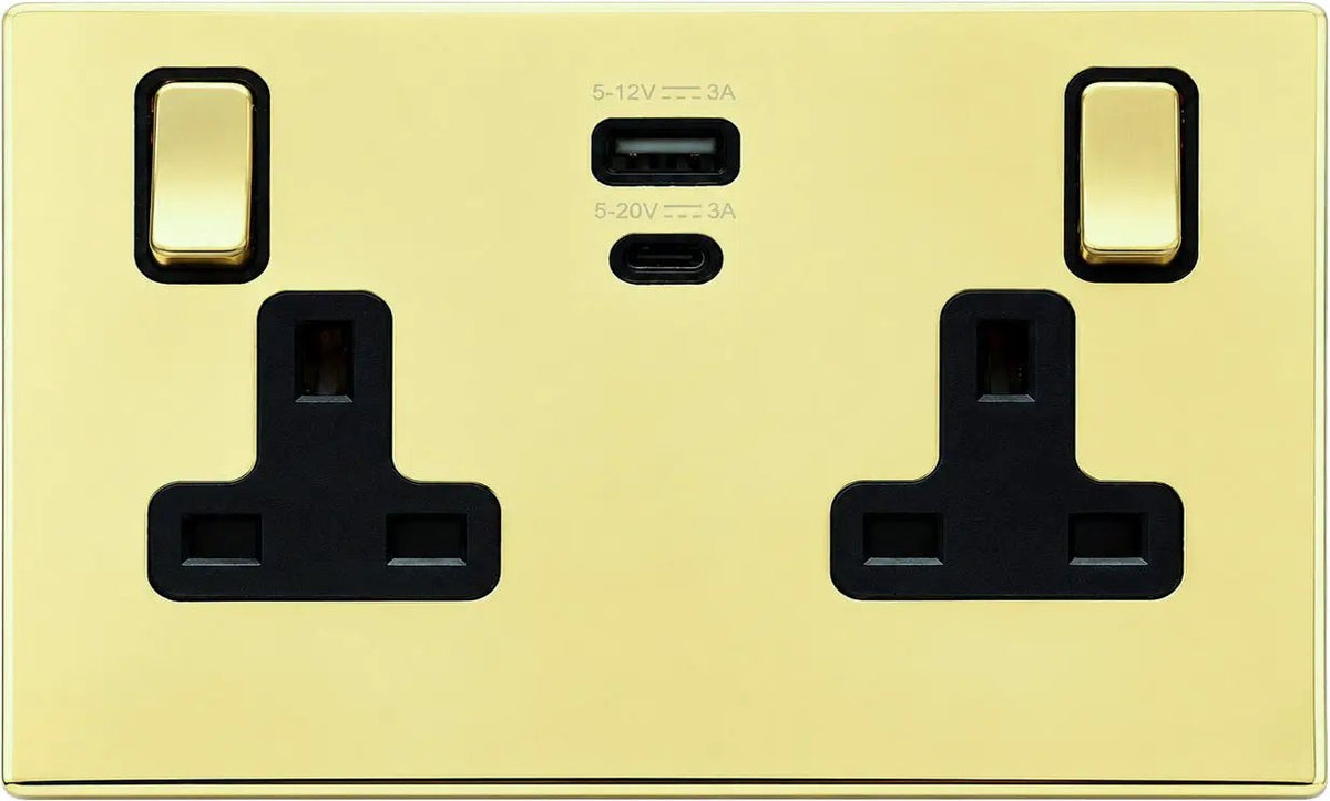 Hamilton Hart CFX Polished Brass 2 Gang Switched Socket with USB PD Ports