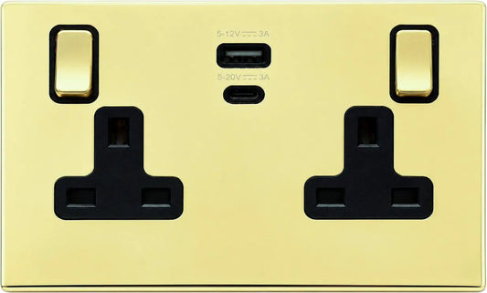Hamilton Hart CFX Polished Brass 2 Gang Switched Socket with USB PD Ports