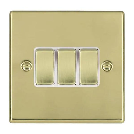 Hamilton Hart 3 Gang 2 Way Rocker Light Switch Brushed Brass White Insert