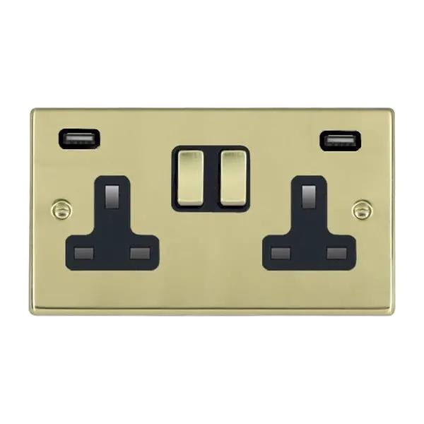 Hamilton Hart Polished Brass 2 Gang 13A Socket With Dual USB Black Insert