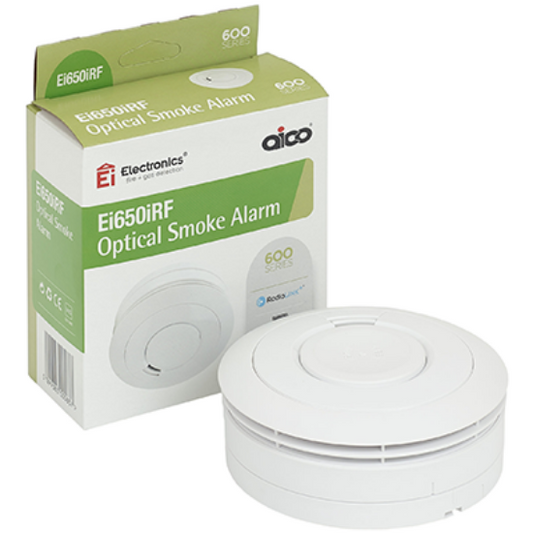 Optical smoke alarm with battery backup, shown with its product packaging, for home safety.