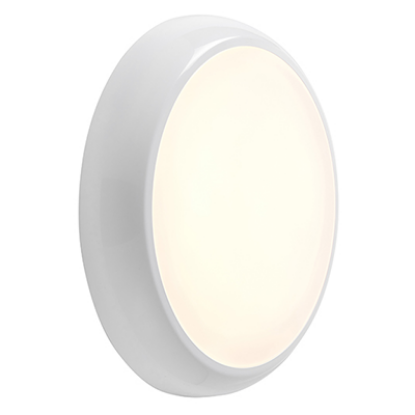 Round LED bulkhead light with white casing, suitable for indoor or outdoor lighting