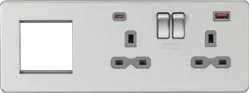 Brushed Chrome ML 13A 2G DP Socket +2G Modular + Dual USB A+C 12V DC 1.5A (Max. 18W) - Brushed Chrome w/Grey Insert - Electrical Brushed Chrome ML 13A 2G DP Socket +2G Modular + Dual USB A+C 12V DC 1.5A (Max. 18W) - Brushed Chrome w/Grey Insert Electrical