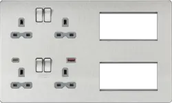 Brushed Chrome ML Multimedia Combo Plate + Dual USB A+C 12V DC 1.5A (Max. 18W) - Brushed Chrome w/Grey Insert - Electrical Brushed Chrome ML Multimedia Combo Plate + Dual USB A+C 12V DC 1.5A (Max. 18W) - Brushed Chrome w/Grey Insert Electrical