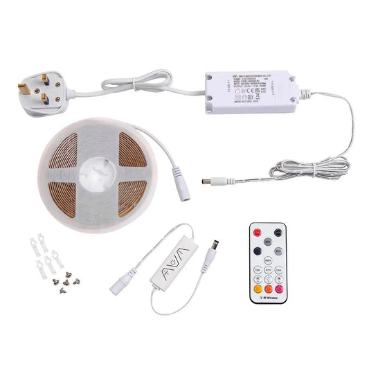 LED strip light kit with UK plug, remote control, connectors, and wiring accessories