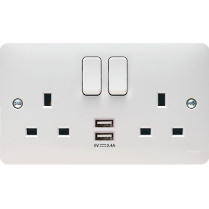 White 2 gang double pole switched wall socket with twin USB ports, UK electrical accessory.
