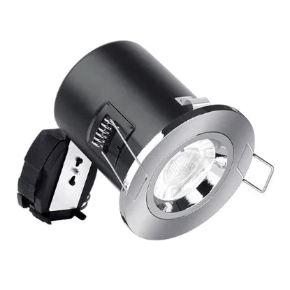 GU10 fixed fire-rated downlight with polished chrome trim and aluminium construction