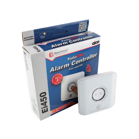 RadioLINK alarm controller EI450 for fire and CO, with product packaging on white background
