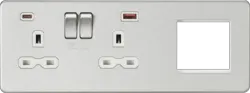 Brushed Chrome ML 13A 2G DP Socket +2G Modular + Dual USB A+C 12V DC 1.5A (Max. 18W) - Brushed Chrome w/White Insert - Electrical Brushed Chrome ML 13A 2G DP Socket +2G Modular + Dual USB A+C 12V DC 1.5A (Max. 18W) - Brushed Chrome w/White Insert Electrical