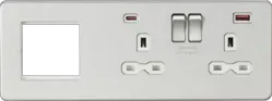 Brushed Chrome ML 13A 2G DP Socket +2G Modular + Dual USB A+C 12V DC 1.5A (Max. 18W) - Brushed Chrome w/White Insert - Electrical Brushed Chrome ML 13A 2G DP Socket +2G Modular + Dual USB A+C 12V DC 1.5A (Max. 18W) - Brushed Chrome w/White Insert Electrical