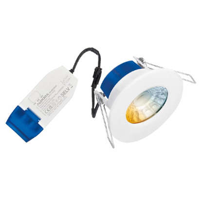 Colour switchable fire-rated LED downlight with white bezel and separate driver