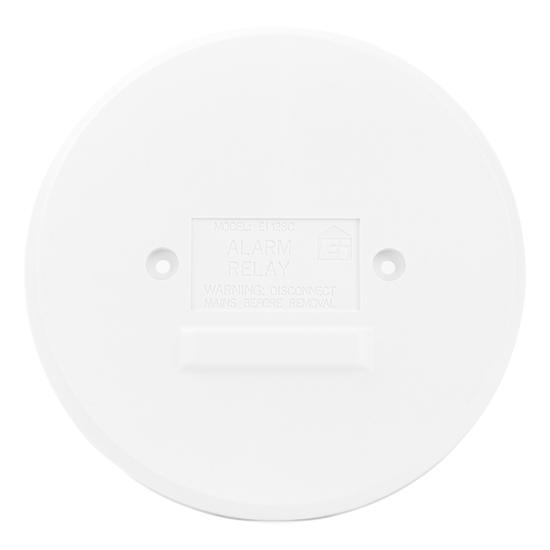 Round white hard-wired alarm relay module for electrical lighting and wiring