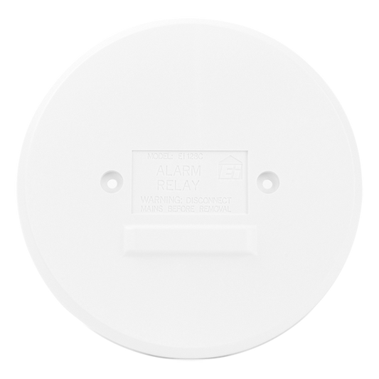 Round white hard-wired alarm relay module for electrical lighting and wiring