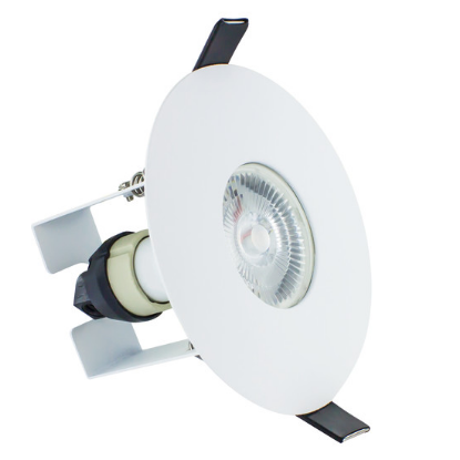 White round fire-rated downlight with GU10 holder, IP65, insulation guard, for ceiling lighting