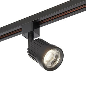 Black LED track light spotlight on a ceiling rail, modern electrical lighting
