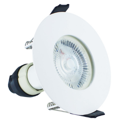 White fire-rated downlight with GU10 holder and spring clips for ceiling installation