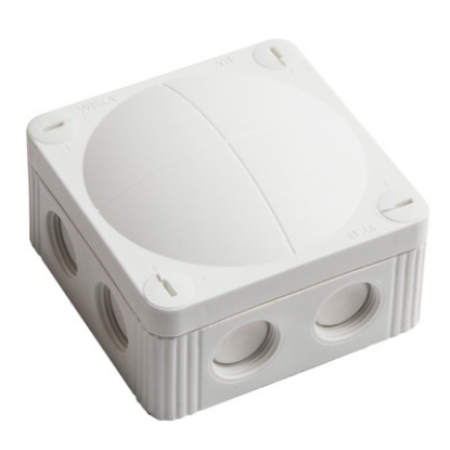 White electrical junction box with multiple cable entry points, used for wiring installations.