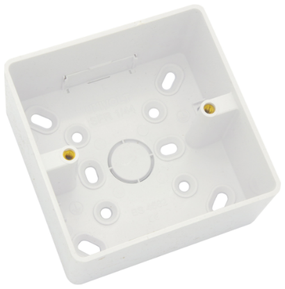 1-gang white surface mount electrical back box with rounded corners, 32mm depth