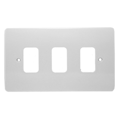 White 3-gang front plate for electrical light switches, rectangular with screw holes