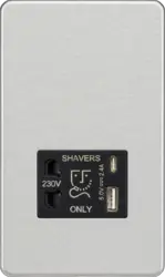 Brushed Chrome ML 230V Shaver Socket with Dual USB A+C [5V DC 2.4A shared] - Brushed Chrome with Black Insert - Electrical Brushed Chrome ML 230V Shaver Socket with Dual USB A+C [5V DC 2.4A shared] - Brushed Chrome with Black Insert Electrical