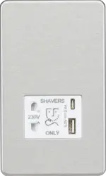 Brushed Chrome ML 230V Shaver Socket with Dual USB A+C [5V DC 2.4A shared] - Brushed Chrome with White Insert - Electrical Brushed Chrome ML 230V Shaver Socket with Dual USB A+C [5V DC 2.4A shared] - Brushed Chrome with White Insert Electrical