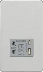 Brushed Chrome ML 230V Shaver Socket with Dual USB A+C [5V DC 2.4A shared] - Brushed Chrome with Grey Insert - Electrical Brushed Chrome ML 230V Shaver Socket with Dual USB A+C [5V DC 2.4A shared] - Brushed Chrome with Grey Insert Electrical