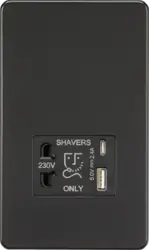 ml matt black 230V Shaver Socket with Dual USB A+C [5V DC 2.4A shared] - Matt Black with Black Insert - ml matt black 230V Shaver Socket with Dual USB A+C [5V DC 2.4A shared] - Matt Black with Black Insert