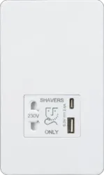 ml matt white 230V Shaver Socket with Dual USB A+C [5V DC 2.4A shared] - Matt White with White Insert - Electrical ml matt white 230V Shaver Socket with Dual USB A+C [5V DC 2.4A shared] - Matt White with White Insert Electrical