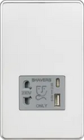 ml Polished chrome 230V Shaver Socket with Dual USB A+C [5V DC 2.4A shared] - Polished Chrome with Grey Insert - ml Polished chrome 230V Shaver Socket with Dual USB A+C [5V DC 2.4A shared] - Polished Chrome with Grey Insert
