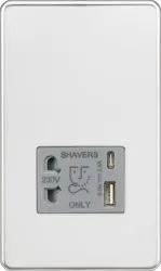 ml Polished chrome 230V Shaver Socket with Dual USB A+C [5V DC 2.4A shared] - Polished Chrome with Grey Insert - ml Polished chrome 230V Shaver Socket with Dual USB A+C [5V DC 2.4A shared] - Polished Chrome with Grey Insert