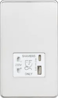 ml Polished chrome 230V Shaver Socket with Dual USB A+C [5V DC 2.4A shared] - Polished Chrome with White Insert - ml Polished chrome 230V Shaver Socket with Dual USB A+C [5V DC 2.4A shared] - Polished Chrome with White Insert