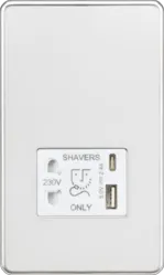 ml Polished chrome 230V Shaver Socket with Dual USB A+C [5V DC 2.4A shared] - Polished Chrome with White Insert - ml Polished chrome 230V Shaver Socket with Dual USB A+C [5V DC 2.4A shared] - Polished Chrome with White Insert