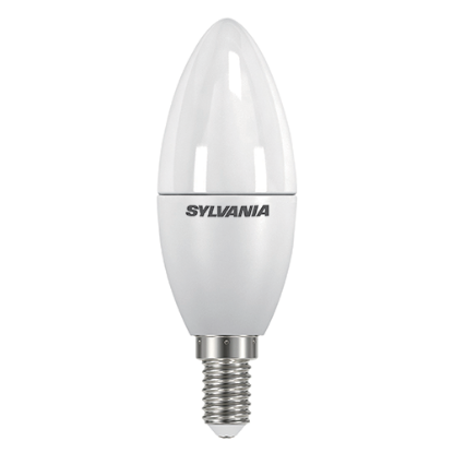 LED candle light bulb with E14 screw base, white finish, and 'SYLVANIA' text on housing