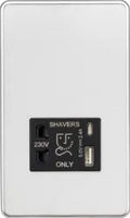 ml Polished chrome 230V Shaver Socket with Dual USB A+C [5V DC 2.4A shared] - Polished Chrome with Black Insert - ml Polished chrome 230V Shaver Socket with Dual USB A+C [5V DC 2.4A shared] - Polished Chrome with Black Insert