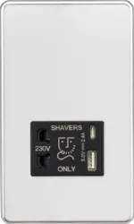 ml Polished chrome 230V Shaver Socket with Dual USB A+C [5V DC 2.4A shared] - Polished Chrome with Black Insert - ml Polished chrome 230V Shaver Socket with Dual USB A+C [5V DC 2.4A shared] - Polished Chrome with Black Insert