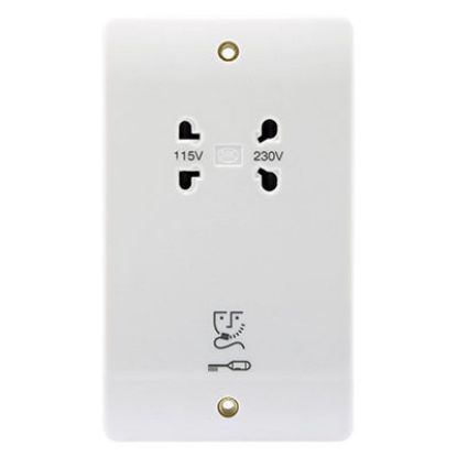 White dual voltage 115V 230V shaver socket wall plate for UK electrical installations