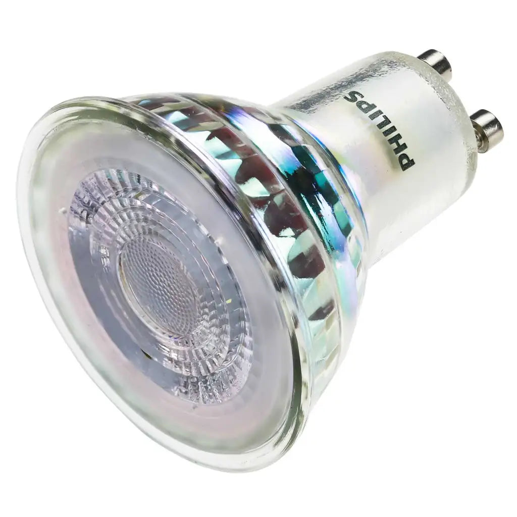 GU10 LED spotlight bulb with glass housing and metal contacts for home lighting