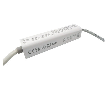 LED lighting power supply driver with white casing and certification marks for electrical installations