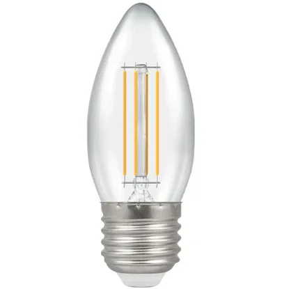 Clear LED candle light bulb with visible filament, E27 screw base, dimmable, 2700K warm white