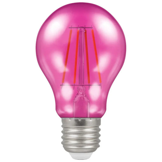 Pink LED filament light bulb with E27 screw base on white background