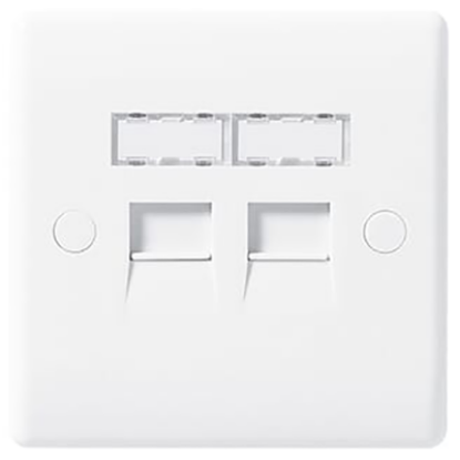 White 2-gang RJ45 telephone socket wall plate for UK wiring, front view