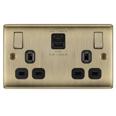 Electrical Lighting BG 13A 2 Gang 22W Switched Socket & USB-A+C Antique Brass NAB22UAC22B - Electrical Lighting BG 13A 2 Gang 22W Switched Socket & USB-A+C Antique Brass NAB22UAC22B