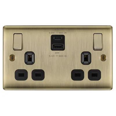 BG British General BG 13A 2 Gang 45W Switched Socket & USB-A+C Antique Brass NAB22UAC45B-01 - BG British General BG 13A 2 Gang 45W Switched Socket & USB-A+C Antique Brass NAB22UAC45B-01