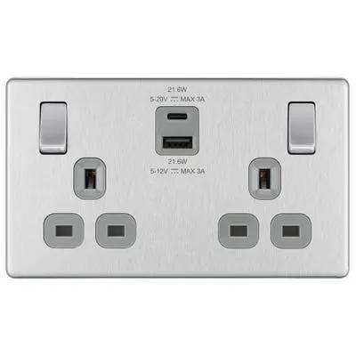 Electrical Lighting BG Screwless 13A 2 Gang 22W Switched Socket & USB-A+C Brushed Steel FBS22UAC22G-01 - Electrical Lighting BG Screwless 13A 2 Gang 22W Switched Socket & USB-A+C Brushed Steel FBS22UAC22G-01